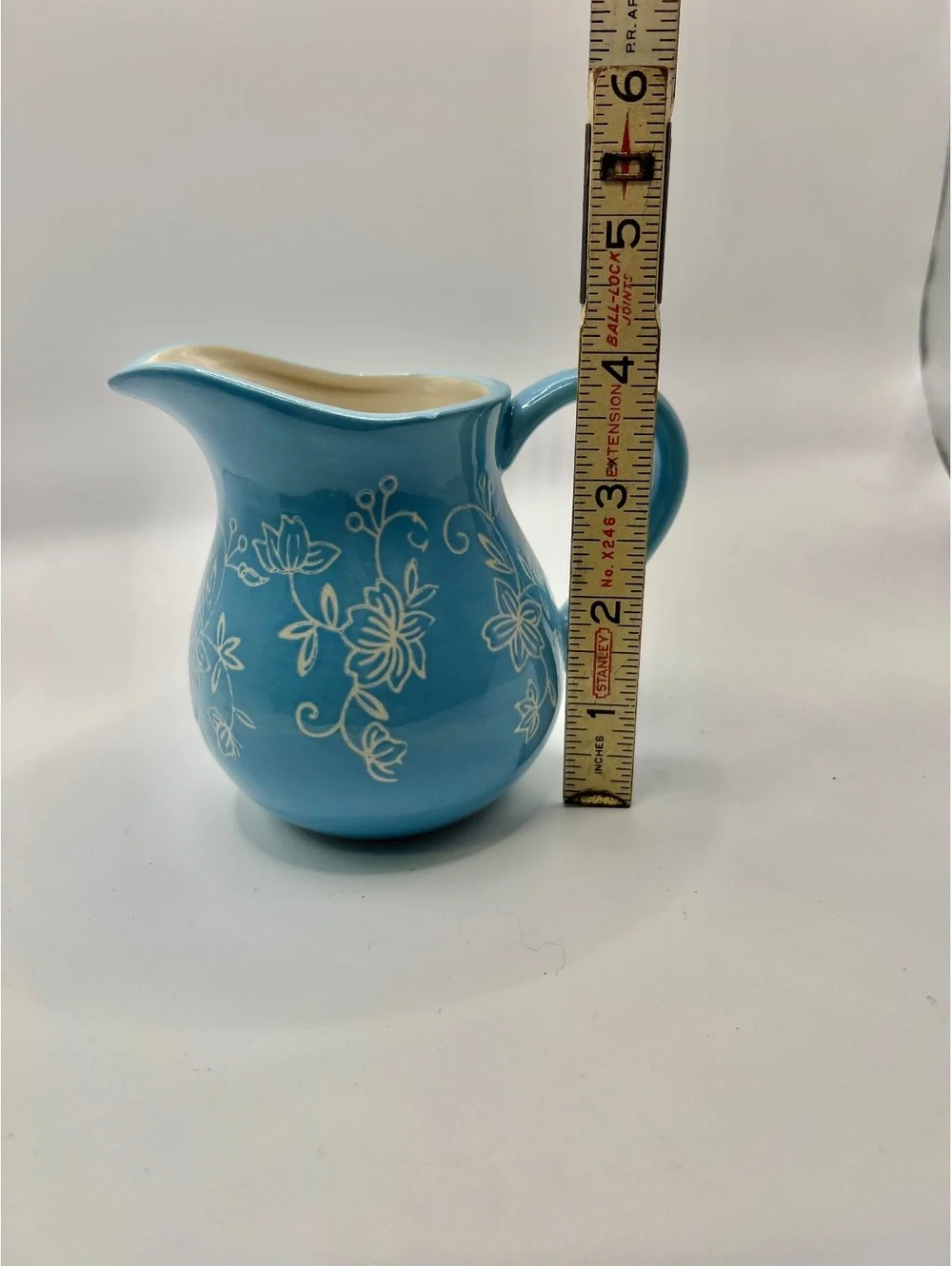 Cottagecore light blue ceramic Sugar Creamer Ivory Floral Design 4” tall
